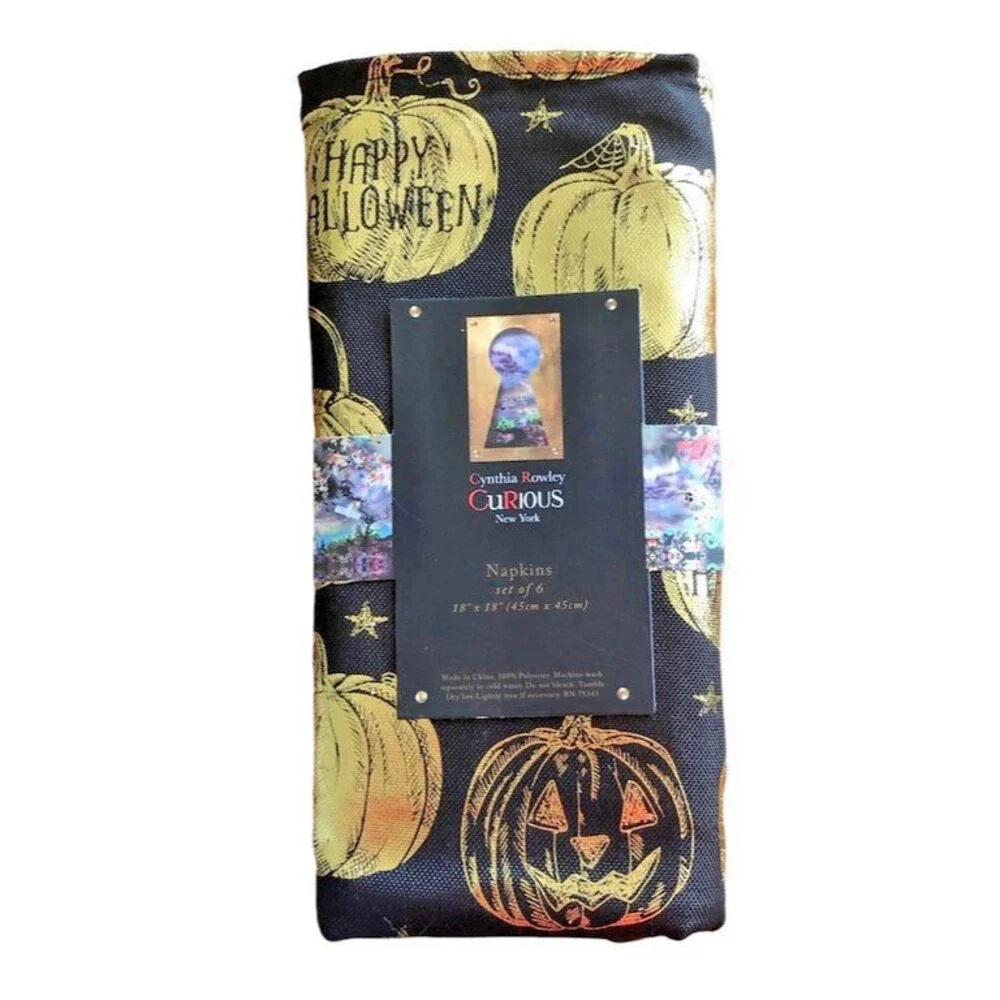 Cynthia Rowley Black Halloween Napkins Set of 6 Fabric Gold Metallic Pumpkins